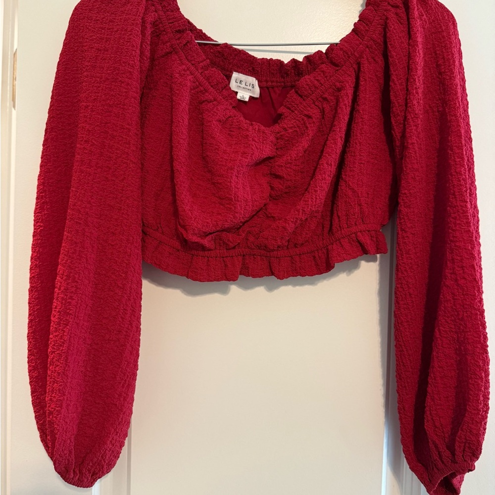 Le Lis Red Ruched Long Sleeve Crop Blouse